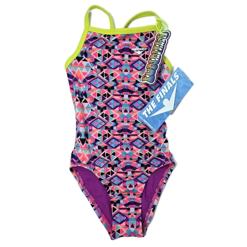 TYR Funnies The Finals Girls 1-piece Cutout Swimsuit Geometric Lined Size 22